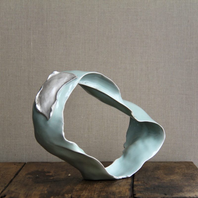 Yuichi Onishi, Inner landscape 4, 2025, Celadon-glazed and silvery porcelain sculpture,  H 27 x W 44,5 x D 12,5 cm
